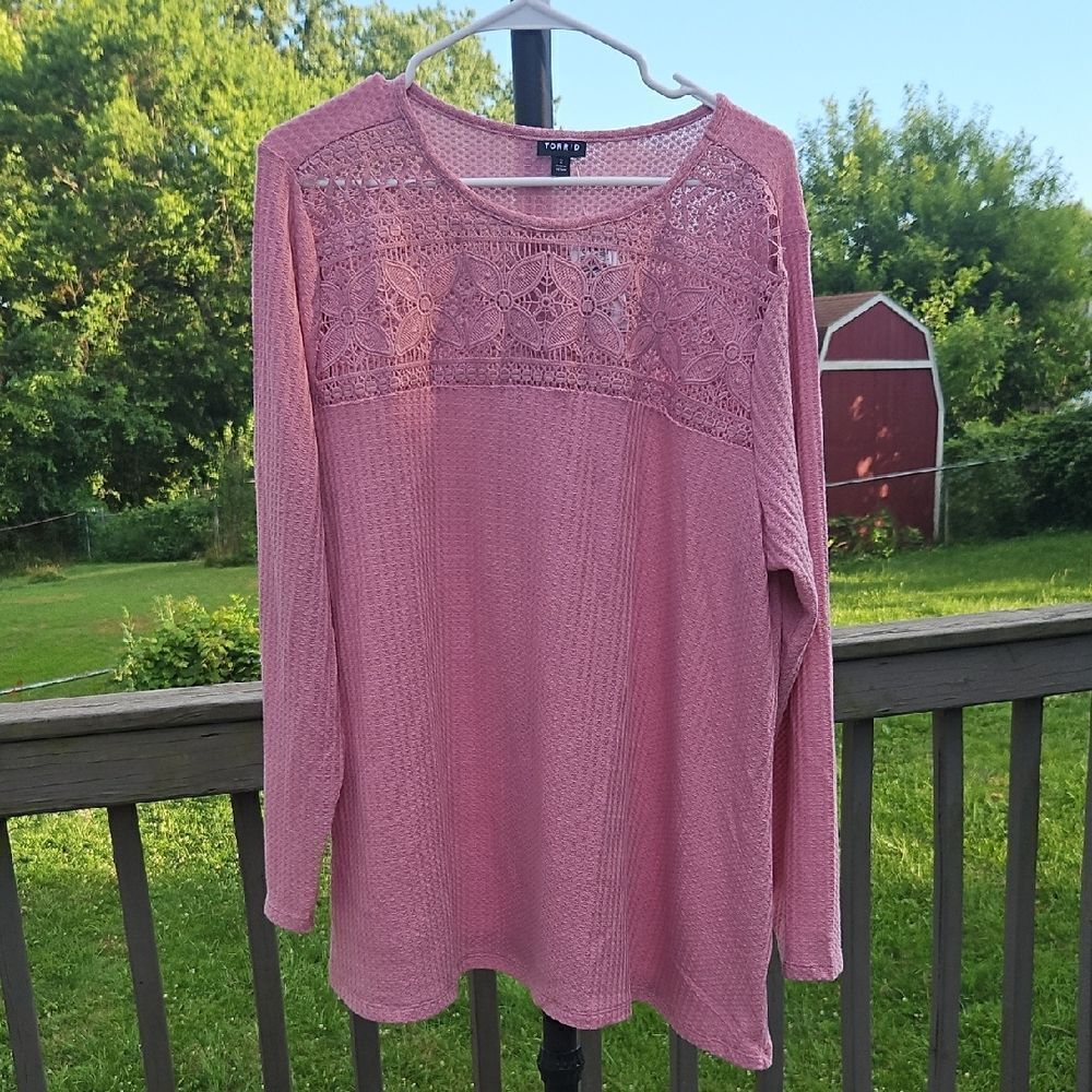 NWT Torrid Waffle Crochet Yoke Top 2X Foxglove Pink Long Sleeve